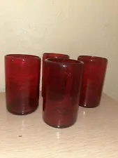 Hand Blown Red Glass Set Of 4 Drinking Glasses 5” Tall 3” Diameter