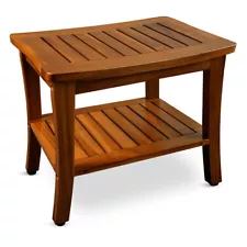 Teak Shower Bench Seat with Shelf Wood Sturdy Non-Slip Stool for Inside Bathroom