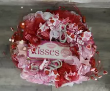 Valentines Pink Red Ribbon Kisses Front Door Wreath 24"