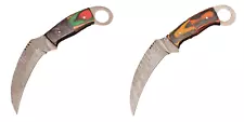 Lot of 2 Handmade Damascus Steel Hunting Karambit Knives With Wood Handle