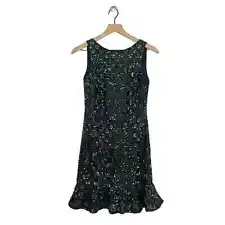 White House Black Market Sequin Flounce Dress Womens SZ Small Green Sequin Party
