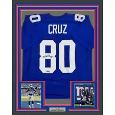 Framed Facsimile Autographed Victor Cruz 35x39 New York Blue Reprint Jersey