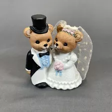 Homco Bride Groom Teddy Bear Figurine Wedding Day Cake Topper #1424 Top Hat Veil