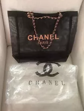 New Black Mesh Chanel (Beaute ) Tote Bag With Rose Gold Tone Chain Handles