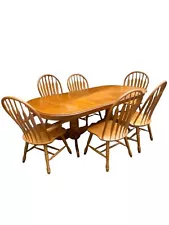 Classic Oak Farmhouse Dining Table Set 2 Arm & 4 Windsor Chairs W/ Built-in Leaf