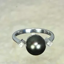 SALE Superb 18k gold ring, Tahitian pearl, princess-cut diamonds rings sz 7 M-F