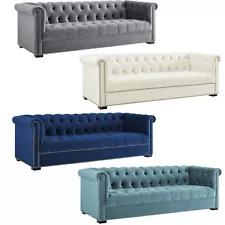 Chesterfield Velvet Sofa Button Tufted Nail Head – Gray, Ivory, Blue, Sea Blue