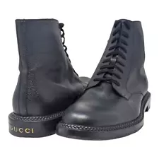 Gucci Henry combat boot lace-up black pebbled leather Gucci logo size 14 men's