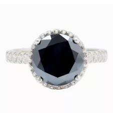 6.69Ct Round Cut Natural Black Diamond Solitaire With Accents Ring In 925 Silver