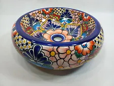 15" ROUND TALAVERA SINK mexican bathroom handmade folk art ceramic vessel basin