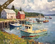 Maine with lobster boats oil painting 8x10 Print