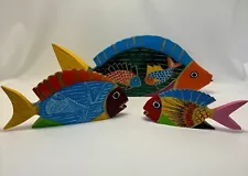 FOR legomylegihi Mexican Folk Art Hand Carved Wood & Hand Painted Fish Set Of 6