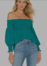 SALE! FOR LOVE & LEMONS Shirred Off the Shoulder Top in Ocean Blue-Green, Size M