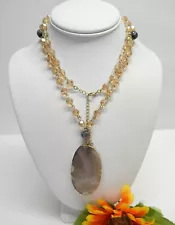 AMBER CRYSTAL BEADED AGATE GEMSTONE PENDANT NECKLACE 32"