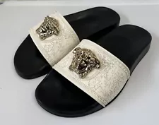 Versace Pool Slide Sandal White and Black Gold Medusa Head Women’s Size 35 US 5