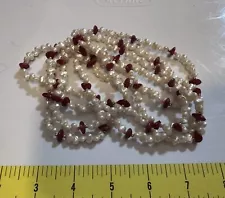 60" Strand Cultured Freshwater White Pearl Necklace With Red Stones