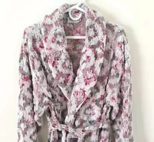 Vintage CROWNTUFT Chenille Floral Rose Pink White Women's Housecoat Robe Small