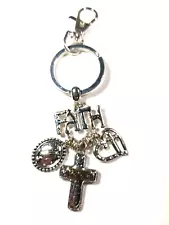 Faith Silver Tone Keychain Dangle Cross Heart Praying Hands Luggage Purse Clip