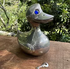 Nice Patina! Vintage Silverplate Duck Coin Piggy Bank INCLUDES KEY Blue Eyes