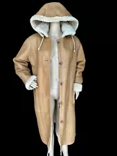 Sheepskin Shearling Real Sheep Fur Removable Hood Long Coat XL Perfect Condition