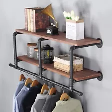 RZGY Industrial Pipe Clothing Rack with Shelves, 2 Tier Rustic Black Pipe Flo...