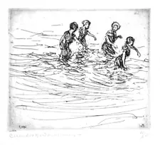 7th SUMMER SALE NOW Massachusetts Etchin CHAS WOODBURY 'Bathing' 3.5"x 4"