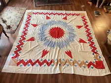 Vintage c1930 Lone Texas Star Navajo Quilt Top Estate hand made red wht blue