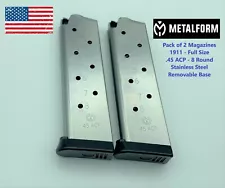 1911 Magazine 2 Pack 8 Round Stainless 45 ACP Auto Fits Colt Kimber Springfield