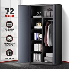 72" Gray/Black Lockable Metal Storage Wardrobe Cabinet w/Hanging Rod & 4 Shelves