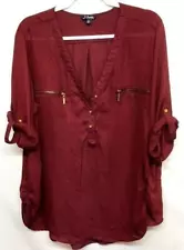 *J for justify 1X burgundy rolled sleeves sheer see through part buttoned top