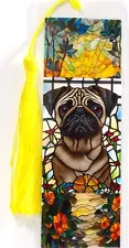 PUG DOG STAINED GLASS/ FLOWERS/ANIMAL/PUPPY UNIQUE EXQUISITE LAMINATED BOOKMARK