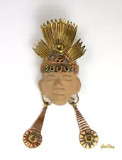 Mexican Aztec Warrior Face Brooch Pendant Vintage Ethnic Tribal Jewelry