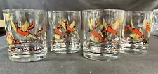 4 Vintage Hazel Atlas Pheasants Lowball Rocks Glasses Gold Red Hunting Wildlife