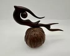 Carved Wood Abstract Stylized Mermaid on Cerbera Nut Figurine