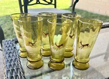 Set of Six Antique German Handblown Hand painted Hunting Scene Drinking Glasses