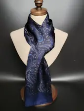 100% Silk Satin Scarf men women neckerchief Wrap Paisley blue navy soft QS175-21