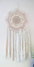 Beautiful LARGE Handmade DREAMCATCHER Pink White Crocheted Yarn & Ribbon