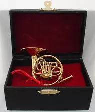 French Horn Brass Gold Plate Handmade Miniature Music Instrument 4" w/stand,case