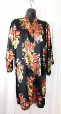 Floral Women’s Satan Robe Black Multi Color Kimono Style Short 3/4 Sleeve Flaw