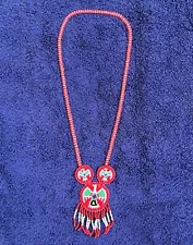 Red & White Native American Indian Seed Bead Necklace, 3 Medallions, w/Birds