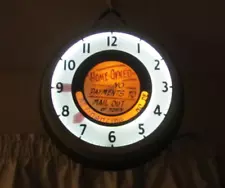 LARGE VINTAGE NEON ADVERTISING WALL CLOCK with REVOLVING INNER MESSAGE