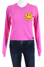 Aviator Nation Womens Long Sleeve Happy Face Crew Neck Shirt Pink Size XS