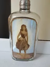 Antique UNIQUE PICTORIAL Glass Whiskey Hip Flask 7" tall