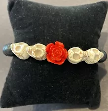 Sugar Skull & Red Rose Stretch Bracelet Day Of The Dead Halloween Jewelry