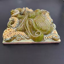 Octopus Portuguese Tile Raised Relief 5.25" x 5.25" Squared 2" High Green Cream