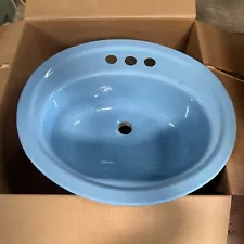 Vintage 20” X 17” Oval Drop-In Bathroom Blue Porcelain On Steel Sink Used