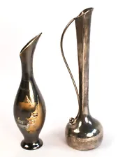 Lot of 2 Vintage Metal Vases Decorative Art Japanese Pagoda Silver Plated Plants