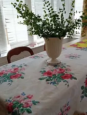 vintage linen floral table cloth. Clearance Reduced £17.50