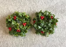 Pair Vintage Plastic 3½" Holly Taper Candle Wreath w/1"Ring Christmas Dinner MCM