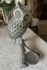 Great Horned Owl On Branch Pewter Candleholder. 9 X 10 1/2”